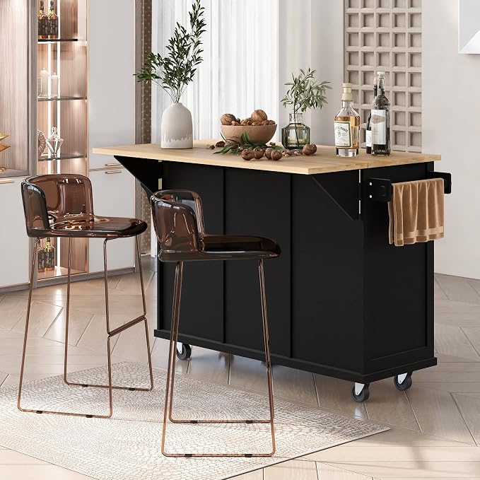 Large Kitchen Island with Rubber Wood Drop Leaf, Rolling Kitchen Cart with Ample Storage on Wheels with Doors and Drawers for Dining Room (Modern Black, Black Handle, 53Inch)