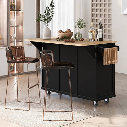 Large Kitchen Island with Rubber Wood Drop Leaf, Rolling Kitchen Cart with Ample Storage on Wheels with Doors and Drawers for Dining Room (Modern Black, Black Handle, 53Inch)