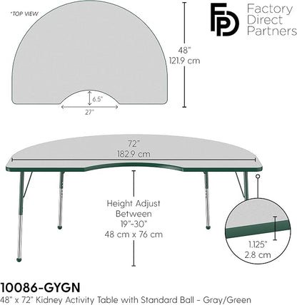 FDP Kidney Activity School and Office Table (48 x 72 inch), Standard Legs with Ball Glides for Collaborative Seating Environments, Adjustable Height 19-30 inches - Gray Top and Green Edge