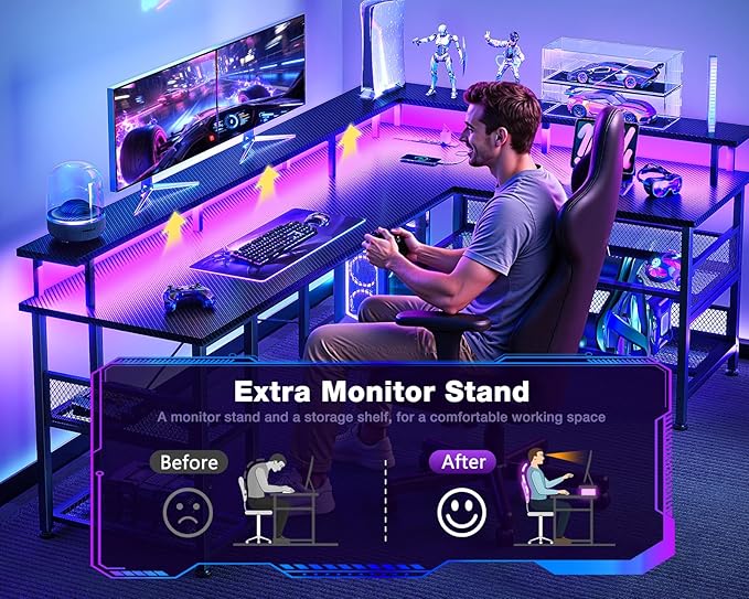 ODK 66" L Shaped Gaming Desk with Power Outlet and LED Lights, PC Gaming Table with Carbon Fiber Texture, Reversible L Shape Desk with Storage Shelves & Monitor Stand, Home Office Desk, Black