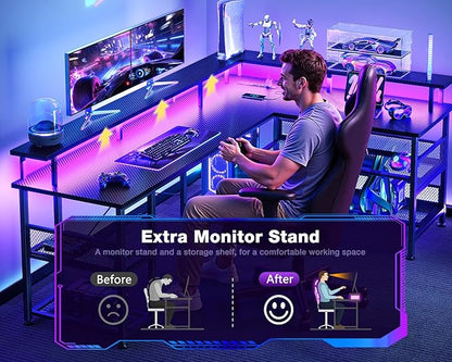 ODK 66" L Shaped Gaming Desk with Power Outlet and LED Lights, PC Gaming Table with Carbon Fiber Texture, Reversible L Shape Desk with Storage Shelves & Monitor Stand, Home Office Desk, Black
