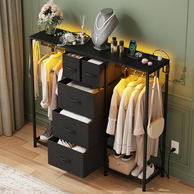 HIGDBFE 5-Drawer Dresser with 2 Hanging Racks, Black, 49.2" W | LED Lights&Charging Station, Hooks, Wooden Top, Fabric Drawer, Dresser TV Stand for Bedroom, Dorm