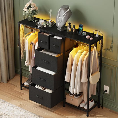 HIGDBFE 5-Drawer Dresser with 2 Hanging Racks, Black, 49.2" W | LED Lights&Charging Station, Hooks, Wooden Top, Fabric Drawer, Dresser TV Stand for Bedroom, Dorm