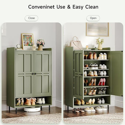 ONBRILL Shoe Cabinet with Cross Molding Doors, 6-Tier Shoe Storage Cabinet with 3 Adjustable Shelves and Metal Legs, 45'' Tall Shoes Rack Organizer Cabinet for Entryway, Front Door, Green