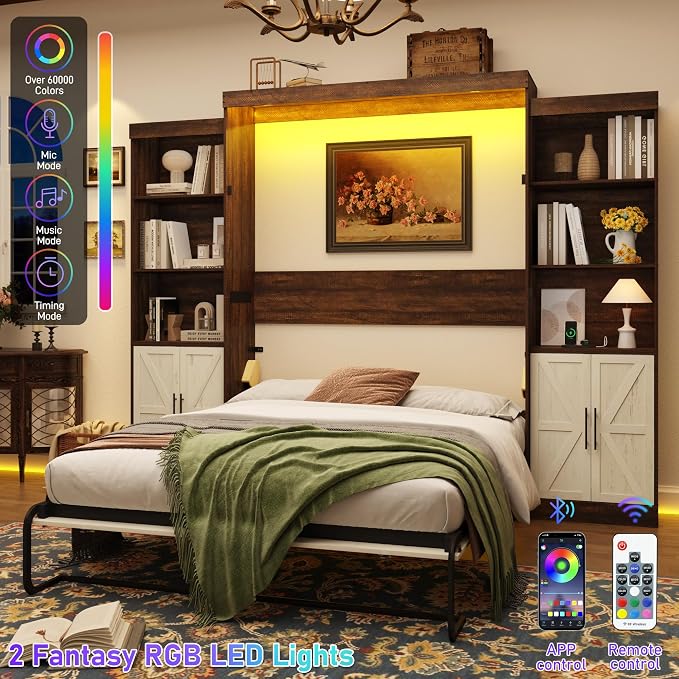 Hlivelood Queen Size Murphy Bed w/2 Storage Cabinet&2 LED Light, Farmhouse Wood Hidden Foldable Wall Bed Frame, Storage Bed Cabinet for Bedroom, Office, Space-Saving, No Box Spring Needed, White