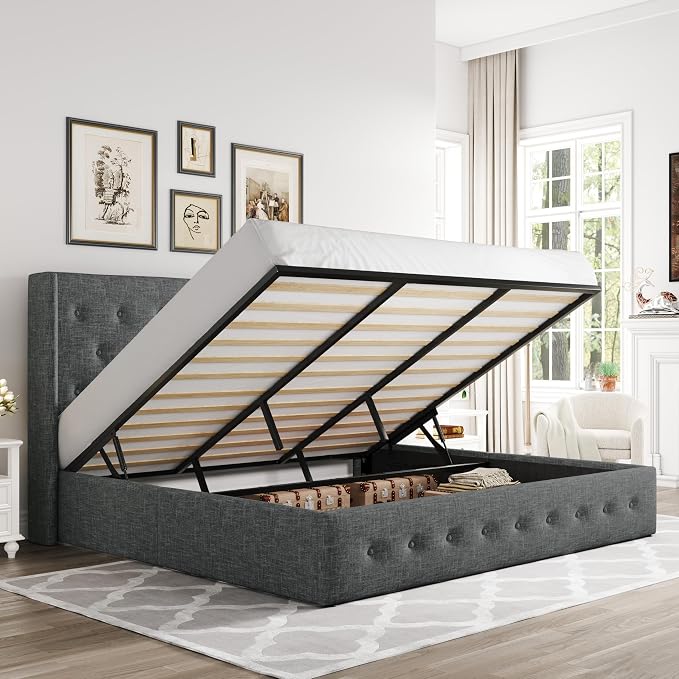 Allewie King Size Lift Up Storage Bed, Button Tufted Headboard with Wingback, Hydraulic Support, No Box Spring Needed, Dark Grey