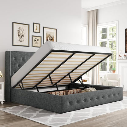 Allewie King Size Lift Up Storage Bed, Button Tufted Headboard with Wingback, Hydraulic Support, No Box Spring Needed, Dark Grey