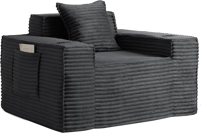 43.3" Boneless Chair with Cup Holder,Oversize Accent Chair with Side Pocket, Large Reading Sofa Chair for Compact Living Rooms, Apartments (Deep Gray, Single Sofa Chair)