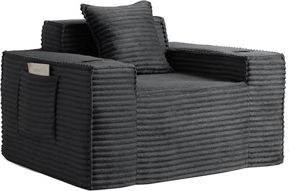 43.3" Boneless Chair with Cup Holder,Oversize Accent Chair with Side Pocket, Large Reading Sofa Chair for Compact Living Rooms, Apartments (Deep Gray, Single Sofa Chair)