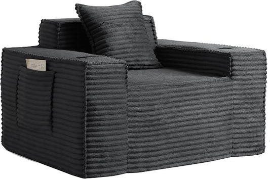43.3" Boneless Chair with Cup Holder,Oversize Accent Chair with Side Pocket, Large Reading Sofa Chair for Compact Living Rooms, Apartments (Deep Gray, Single Sofa Chair)