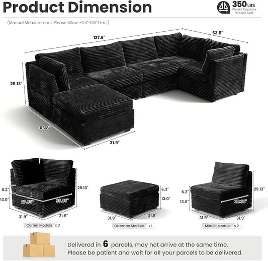ovios Modular Sectional Sofa Couch with L-Shape Chaise Ottoman, Comfy Plush Corduroy Cloud Couches, Modern Luxury Deep Seat Sofas Set for Living Room, 6-Seater, Black
