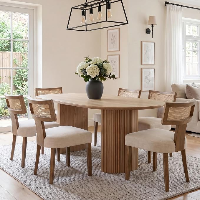 HNY Mid Century Modern Rattan Dining Chairs Set of 6, Linen Upholstered Kitchen & Dining Room Chairs with Ergonomic Curved Back, Solid Wood Frame, Farmhouse Accent Chairs for Home, Apartment, Beige