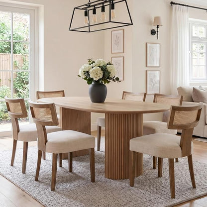 HNY Mid Century Modern Rattan Dining Chairs Set of 6, Linen Upholstered Kitchen & Dining Room Chairs with Ergonomic Curved Back, Solid Wood Frame, Farmhouse Accent Chairs for Home, Apartment, Beige