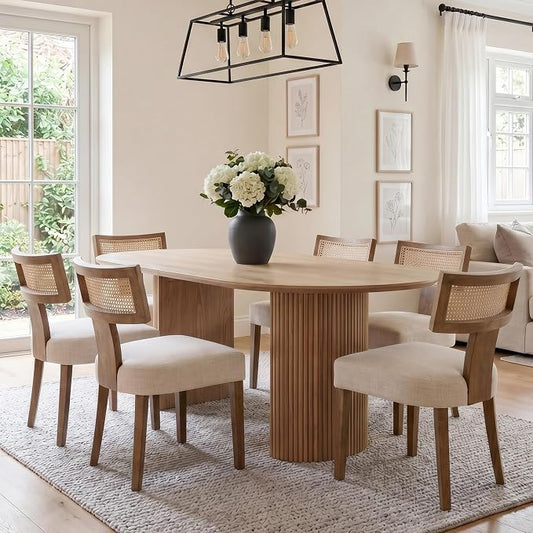 HNY Mid Century Modern Rattan Dining Chairs Set of 6, Linen Upholstered Kitchen & Dining Room Chairs with Ergonomic Curved Back, Solid Wood Frame, Farmhouse Accent Chairs for Home, Apartment, Beige