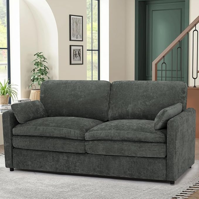69” Chenille Love seat Sofa w/Arm Pillows, Upholstered 2 Seater Sofa w/Comfortable Back Cushions, Modern 2 Seats Couch w/High-Density Foam for Living Room, Apartment, Office, Grey