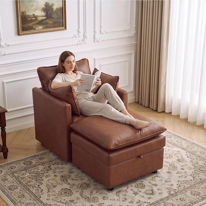 30" Brown Faux Leather Storage Sofa Chair, Single Accent Chair with Ottoman | Modern Upholstered Deep Seat Sofa Chair, Comfort for Reading, Lounging, and Small spaces, Armchair for Living Room, Bedroom
