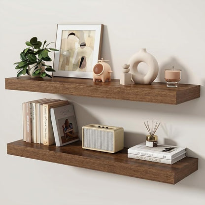 Floating Shelves for Wall, 36 Inch x 8 Inch Deep Wall Mounted Wood Shelf with Invisible Brackets for Storage & Display, Living Room Bedroom Kitchen, Walnut, Set of 2