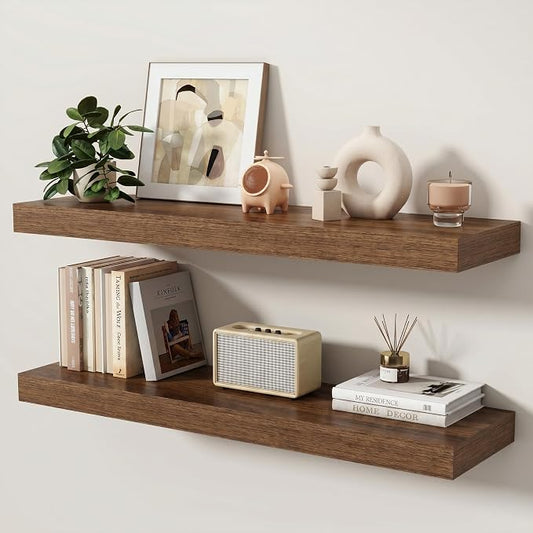 Floating Shelves for Wall, 36 Inch x 8 Inch Deep Wall Mounted Wood Shelf with Invisible Brackets for Storage & Display, Living Room Bedroom Kitchen, Walnut, Set of 2