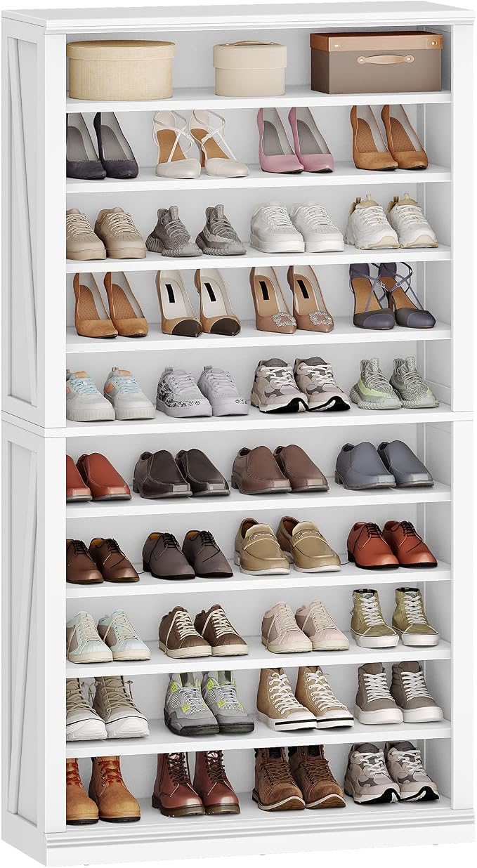 Hzuaneri Shoe Storage Cabinet, 10 Tiers Freestanding Shoe Cabinets, Wooden Shoes Rack with Cubby, 36-40 Pairs, Farmhouse Tall Shoes Cubby Organizer for Entryway, Living Room, White SR59203X