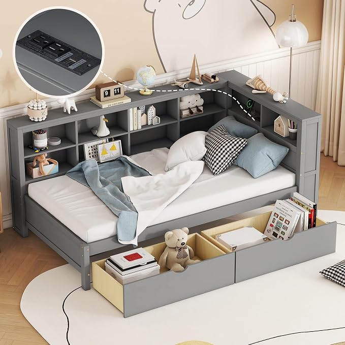 Bellemave Twin Corner Bed Frame, Wood Twin Size Daybed with L-Shaped Bookcase and 2 Drawers，Daybed with Storage Cabinets, Gray