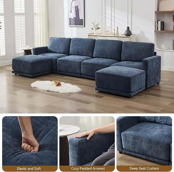 110.6" L Shaped Sectional Sofa, Modular Cloud Deep Seat Couch with Movable Ottoman, Oversized Thicked 4-Seats Sofas for Living Room, Chenille Blue
