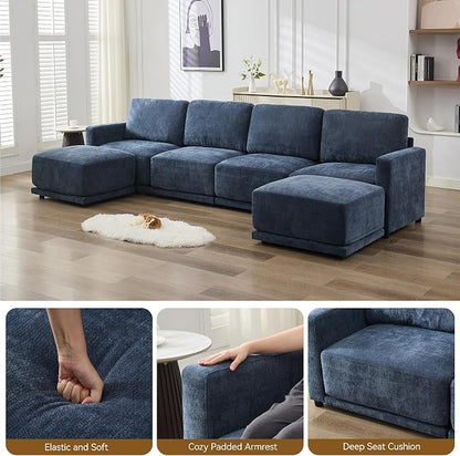 110.6" L Shaped Sectional Sofa, Modular Cloud Deep Seat Couch with Movable Ottoman, Oversized Thicked 4-Seats Sofas for Living Room, Chenille Blue