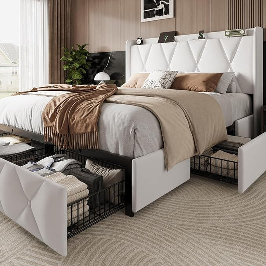 Einhomn Full Size Bed Frame with 4 Storage Drawers and Charging Station, Upholstered Platform Bed Frame with Storage Headboard, No Box Spring Needed, Easy Assembly, White