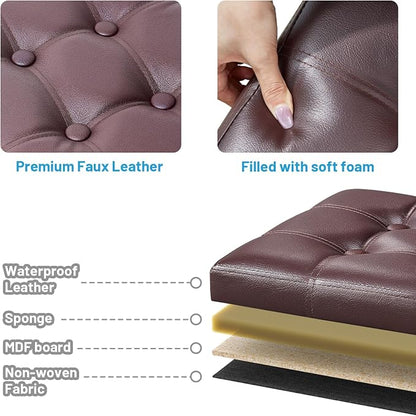 Bsketa Storage Ottoman Foot Rest Stool, Small Leather Storage Ottomans Bench, Folding Footstool with Side Pockets, Foot Rest Under Desk for Living Room Bedroom, 16x12x12 in, Brown 2 Pack