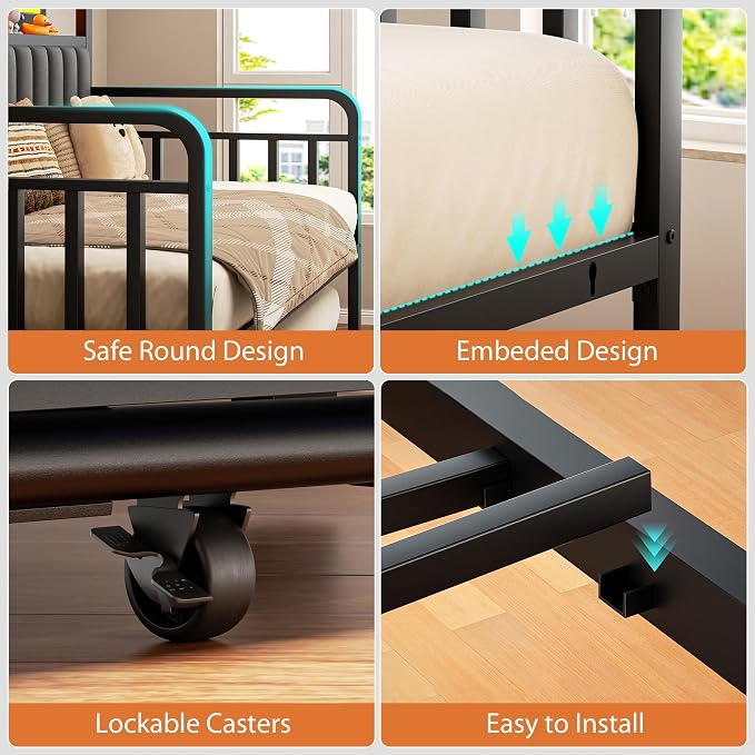 Daybed with Trundle and LED Light, Heavy Duty Metal Full Bed Frame with Upholstered Storage Headboard & Charging Station, Day Bed Pop Up Trundle Bed for Living Room,Bedroom and Guest Room, Black