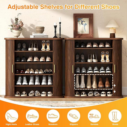 UNIQUITE Shoe Storage Cabinet with Sliding Doors, 5-Tier Wood Shoe Cabinet for Entryway, Adjustable Shelves Freestanding Shoe Organizer with Gold Handle for Hallway, Living Room, Walnut