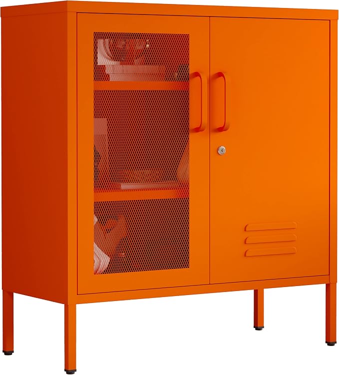 Orange Metal Locker CabinetsMetal Locker Storage Cabinet with Mesh Doors and Adjustable Shelves Coffee Bar Cabinet,Kitchen Pantry Storage Cabinets for Home, Office, Entryway and Hallway ﻿