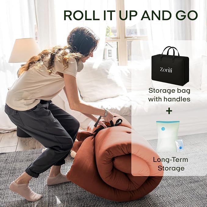 ZonLi Japanese Floor Futon Mattress Full Size 75"x 54", 100% Cotton Cover 2.5'' Thicken Tatami Mattress, Foldable Sleeping Pad, Portable Dormitory Tatami Mat, Roll Up Floor Lounger Bed for Adult