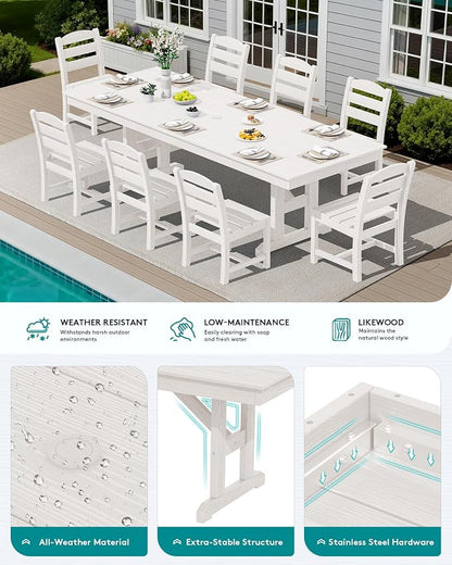 SERWALL 9 Piece 84" HDPE Outdoor Dining Set for 8 with Armless Chairs and Umbrelle Hole, White