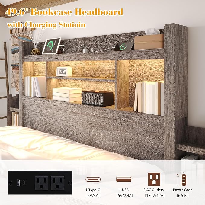 LUXOAK Queen Bed Frame with 49.6" Bookcase Headboard & 4 Drawers & 2 Detachable Bedside Stoage Racks, Farmhouse Wood Bed Frame with RGB LED & Charging Station, No Box Spring Needed, Grey