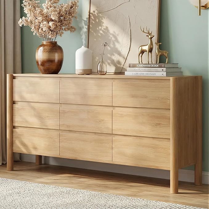 CHUWELL 3-Piece Bedroom Dresser Set-9 Drawer Dresser & 2 Nightstands,63" Wide Oak Dresser and Night Stands with Solid Wood Cylindrical Legs,Rustic Wooden Storage for Bedroom