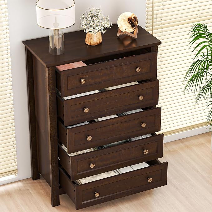 Farmhouse Dresser Nightstand Sets, 2-Piece Bedroom Furniture Set for Home | 5 Drawer Tall Dresser & 6 Dresser Closet , Chest of Drawers for Bedroom, Living Room, Entryway, Dark Brown