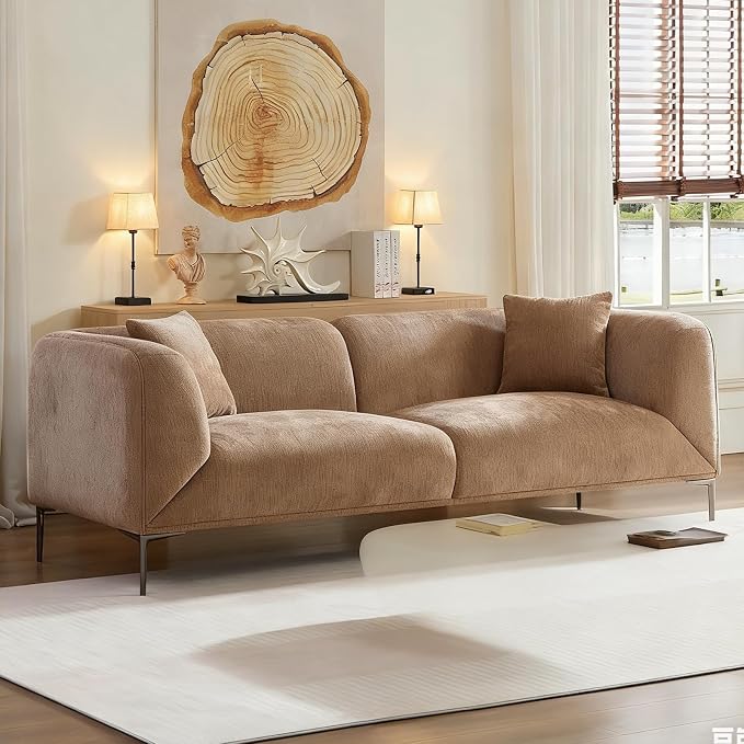 82.68" Modern Upholstered Sofa with Straight Design, Full and Soft Seating, Includes 2 Throw Pillows, 3 Seats,Fabric Couch with Metal Legs for Living Room, Office, Apartment (Camel)