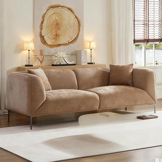 82.68" Modern Upholstered Sofa with Straight Design, Full and Soft Seating, Includes 2 Throw Pillows, 3 Seats,Fabric Couch with Metal Legs for Living Room, Office, Apartment (Camel)