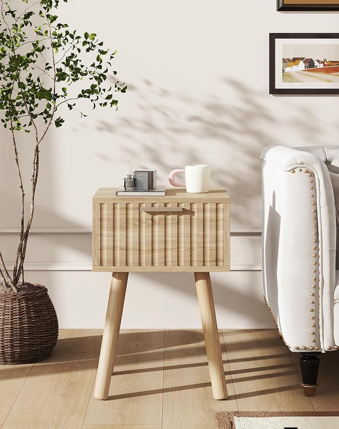 YMYNY Narrow Fluted Nightstand Set of 2, Small End Table, Modern Coffee Table with Drawer, Solid Wood Legs, Retaining Chain, for Bedroom and Small Spaces, Natural UHST014R-2