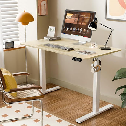 ERGOMAKER Electric Standing Desk, 43.3" x 23.6" Height Adjustable Sit Stand Desk with Splice Board for Home Office, Computer Desk Memory Preset (White Frame, Gold Oak Desktop)