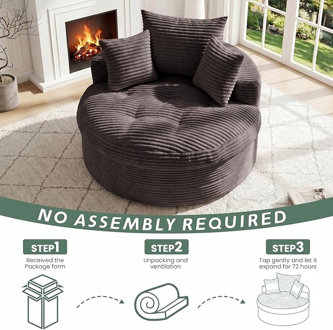 Oversized Round Chaise Lounge Chair, Deep Seat Cloud Boneless Floor Sofa Couch, Upholstered Corduroy Sleeper with 3 Pillows & Optional Ottoman, No Assembly Modern Lazy Floor Lounger for Living Room