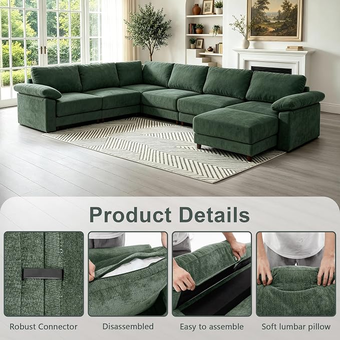 Oversized L Shaped Sectional Couch for Living Room, Extra Large Deep Seat Modular Sectional Sofa with Washable Covers, Modern Cloud Couch for Apartment, Bedroom (Green, Corner V Shape 7 Seat)