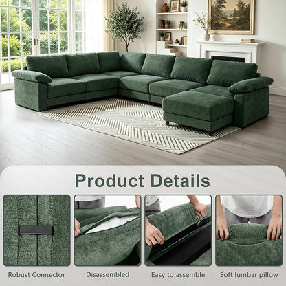 Oversized L Shaped Sectional Couch for Living Room, Extra Large Deep Seat Modular Sectional Sofa with Washable Covers, Modern Cloud Couch for Apartment, Bedroom (Green, Corner V Shape 7 Seat)