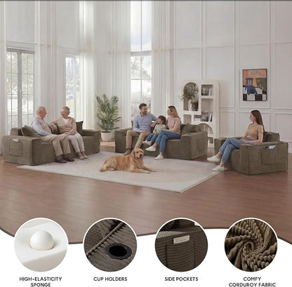 Boneless Sectional Sofa 3 Piece Set with Cup Holders & Side Pockets, Luxury Corduroy Fabric Deep Seat Cloud Couch Living Room, Office, No Assembly (Brown)
