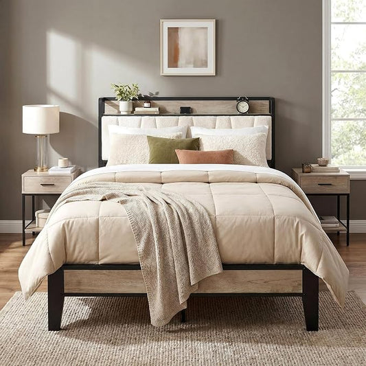 LIKIMIO Queen Bed Frames, Bouclé Storage Headboard with Charging Station, Solid and Stable, Noise Free, No Box Spring Needed, Easy Assembly