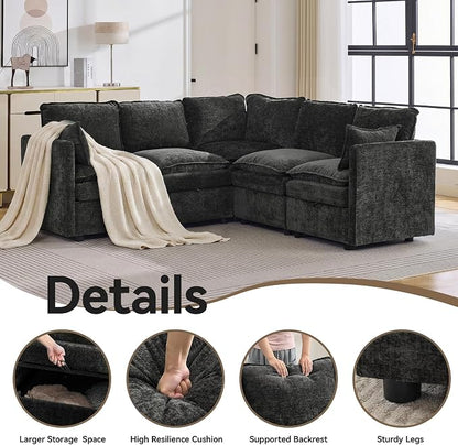 80" Dark Grey Modular Storage Sofa, V Shaped Chenille Cloud Couch | Oversized Convertible Sectional Sofa, 5-Seat Sectional Couch With Armrests, Large Cloud Couch For Living Room, Apartment.