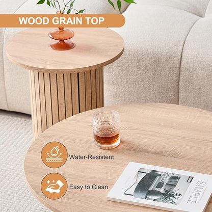 Round Nesting Coffee Tables for Living Room, Set of 2, Natural | φ27.6 + φ15.8 Boho Small Circle Side Tables, Fluted Drum Design Easy Assembly Minimalist Modern End Table Wood Grain Finish