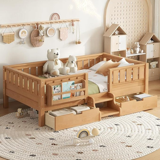 Bellemave Twin Floor Bed with Stairs, Rails and Slats, Twin Size Montessori Floor Bed with Bookshelf and 2 Storage Drawers, Easy Assemble Montessori Beds Frame for Girls, Boys, Deep Natural