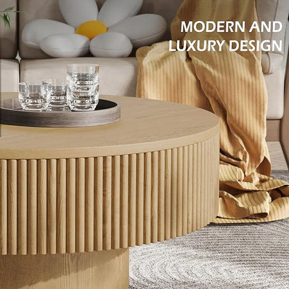 YOUDENOVA 31.5” Round Fluted Coffee Table, Modern Wood Circle Coffee Table, Veneer Handcrafted Relief Tea Table with Sturdy Pedestal for Living Room - Natural