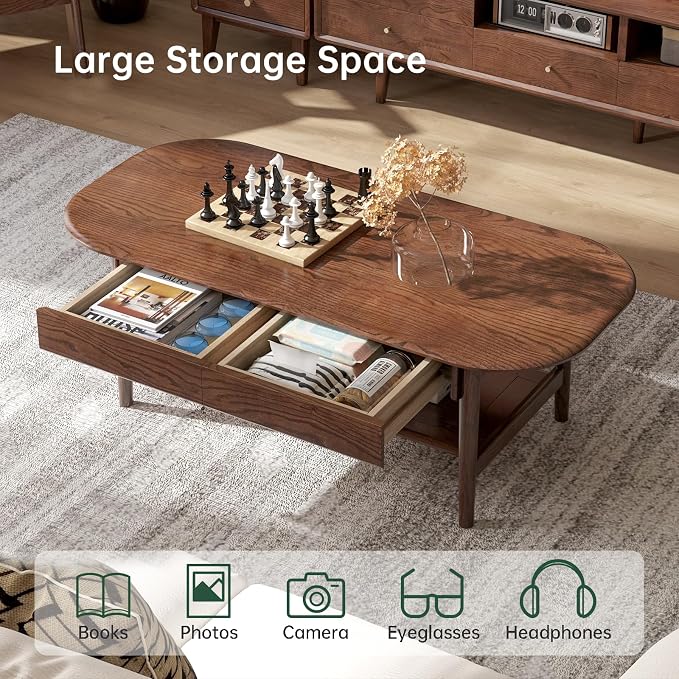 100% Solid Oak Wood Coffee Table for Living Room, 2-Tier Mid-Century Modern Table with 2 Drawers & Open Shelf, Living Room Table with Rounded Corner for Home (Oak Walnut Finish, 47.24'' W)